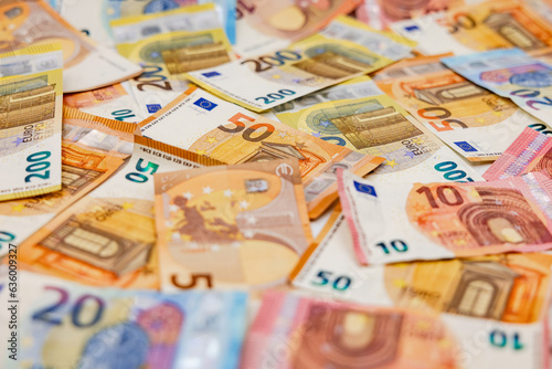 A carpet of 50 and 200 euro banknotes for payment with cash or paper money