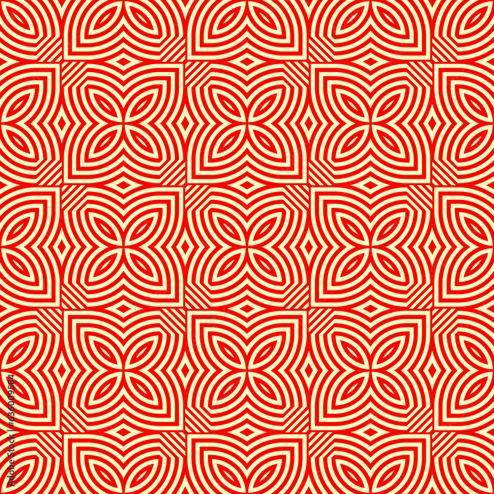 Decorative floral panel motif. Seamless surface pattern with stylized symmetrical flowers ornament. Red figures abstract on yellow background. Digital paper for web design. Vector art illustration Decorative floral panel motif. Seamless surface pattern with stylized symmetrical flowers ornament. Red figures abstract on yellow background. Digital paper for web design. Vector art illustration