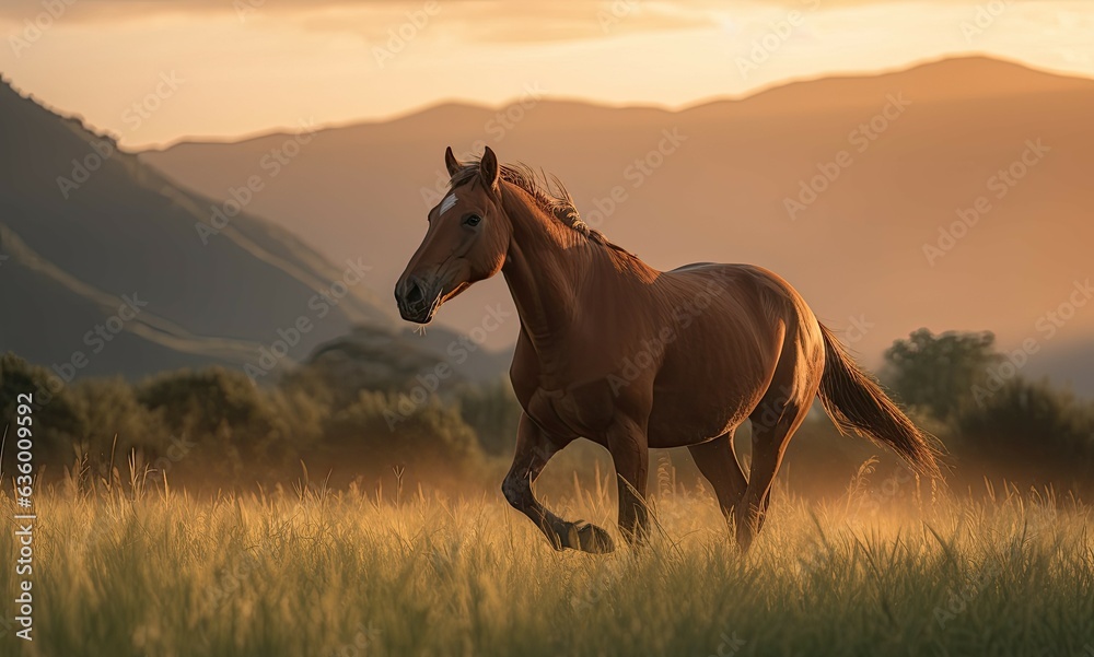 Majestic horse running free in green field., generative IA Majestic horse running free in green field., generative IA