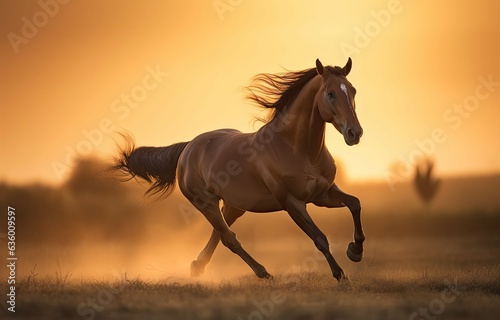Thoroughbred horse galloping on the plain at sunset.  generative IA