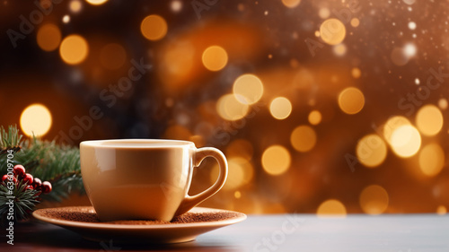 Coffee cup latte, espresso, milk foam decorated with autumn winter festive bokeh lightbulb christmas background, coffee beans roasted on a table copy space banner.