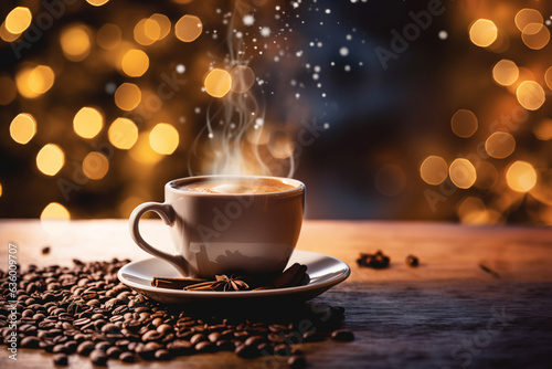 Coffee cup latte  espresso  milk foam decorated with autumn winter festive bokeh lightbulb christmas background  coffee beans roasted on a table copy space banner.