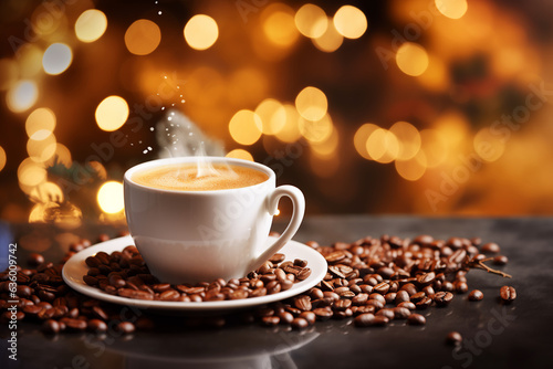 Coffee cup latte, espresso, milk foam decorated with autumn winter festive bokeh lightbulb christmas background, coffee beans roasted on a table copy space banner.