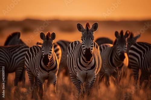 Herd of zebras crossing the savannah at sunset., generative IA