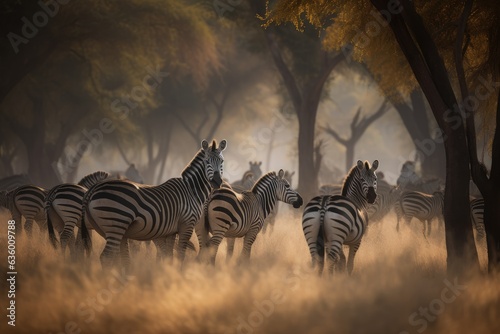 Harmonious herd of zebras on the African savannah.  generative IA