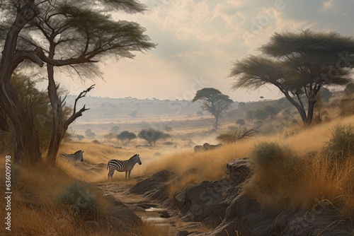 African savannah  majestic zebra and wildlife.       generative IA