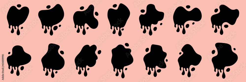 Set of vector abstract shapes with streaks of drops. Liquid amoeba spots. Vector illustration. Set of vector abstract shapes with streaks of drops. Liquid amoeba spots. Vector illustration.