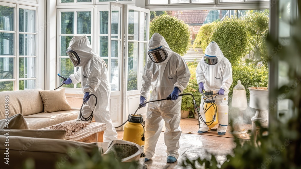 People in overalls treat the premises with a disinfectant and disinfectant liquid during an epidemic or danger of infection.Disinfection of office buildings and work surfaces People in overalls treat the premises with a disinfectant and disinfectant liquid during an epidemic or danger of infection.Disinfection of office buildings and work surfaces