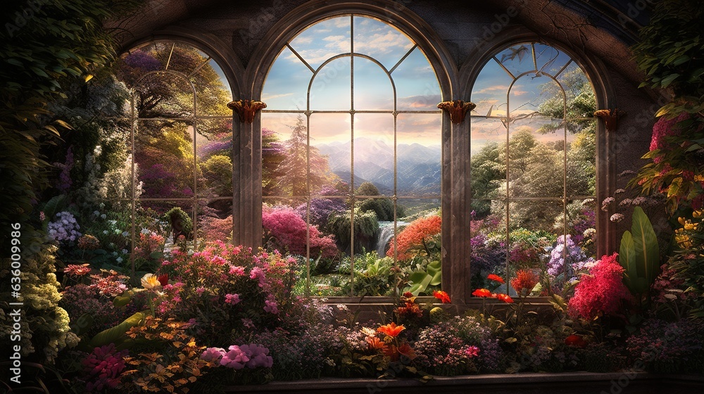  a painting of a garden with flowers and a large window.  generative ai