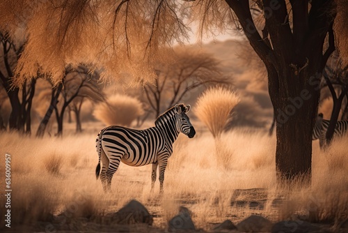 Lone zebra on the African savannah  stripes standing out.  generative IA