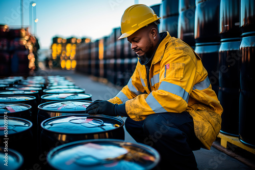 Print op canvas Male worker inspection record drum oil stock barrels yellow vertical or chemical for transportation truck male in the industry