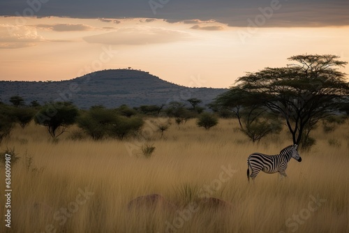 Lone zebra on the golden savannah at dusk., generative IA