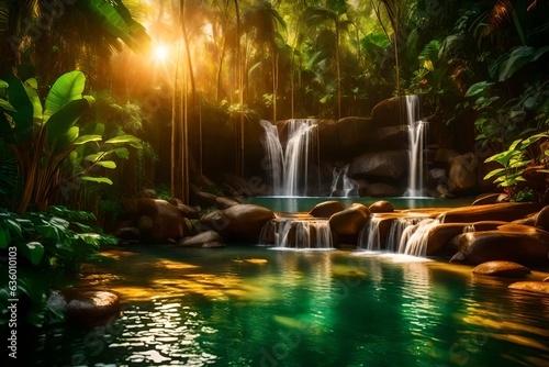 Nature's masterpiece unfolds as a jungle waterfall is bathed in the warm embrace of a setting sun - AI Generative