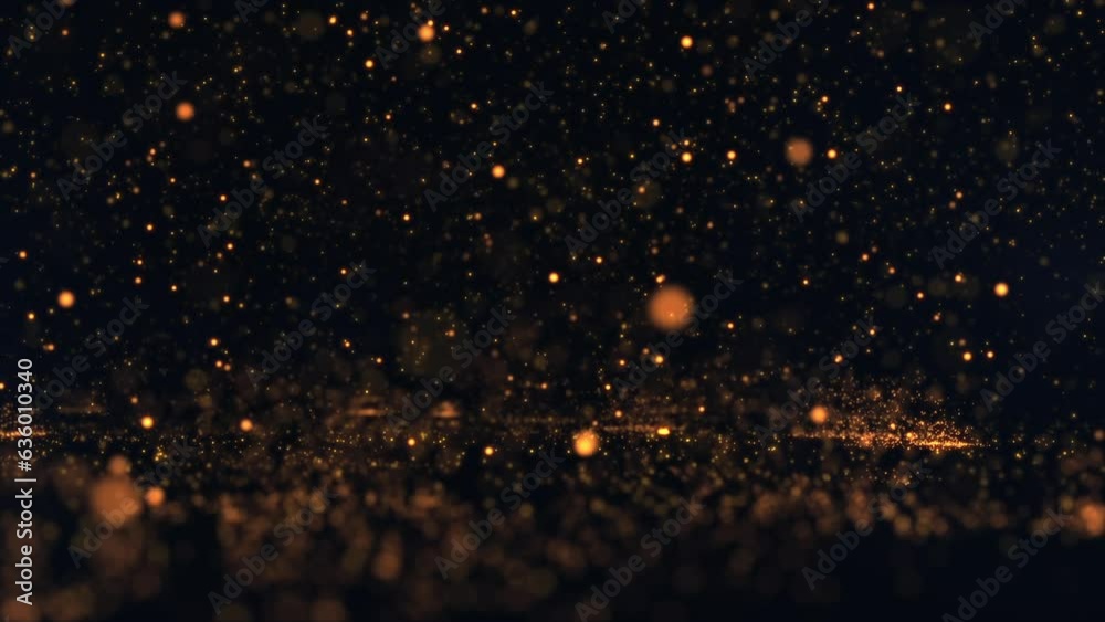 Fiery hot glowing golden sphere particles falling from the sky, bouncing and exploding into sparks. Looping, full HD abstract particle motion background.