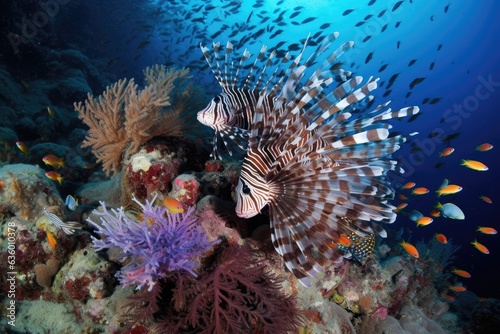 Colorful school of tropical fish among corals and graceful lionfish.  generative IA
