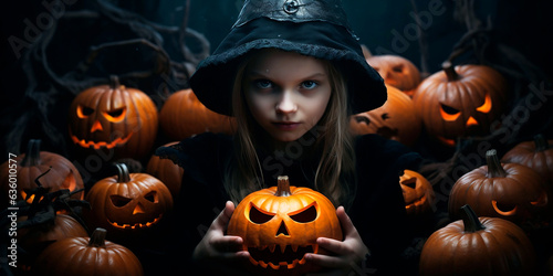 A girl, in a witch costume is holding pumpkins.