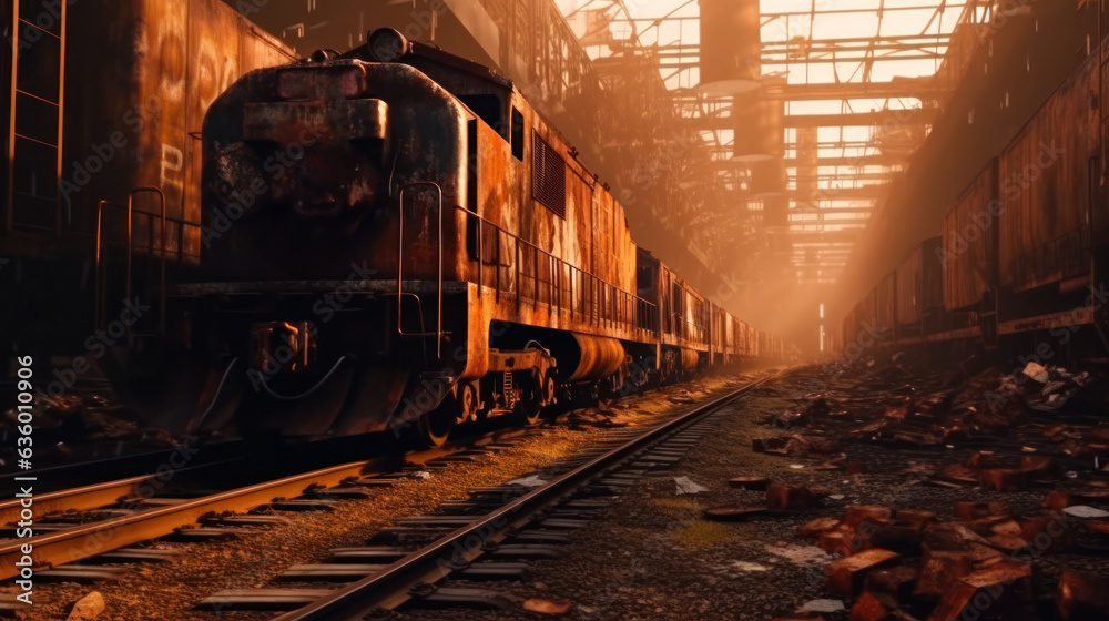 Obraz premium Rusty train freight cars on rails, puddles on the ground, dramatic lighting before a thunderstorm in the evening. environmental protection and insurance concept. 