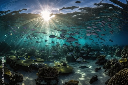 Colorful shoal dancing among corals in crystal clear waters. Rich and mesmerizing marine life.  generative IA