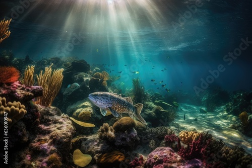 Exotic shoal on colorful reefs; fish gliding gracefully under sunbeams., generative IA