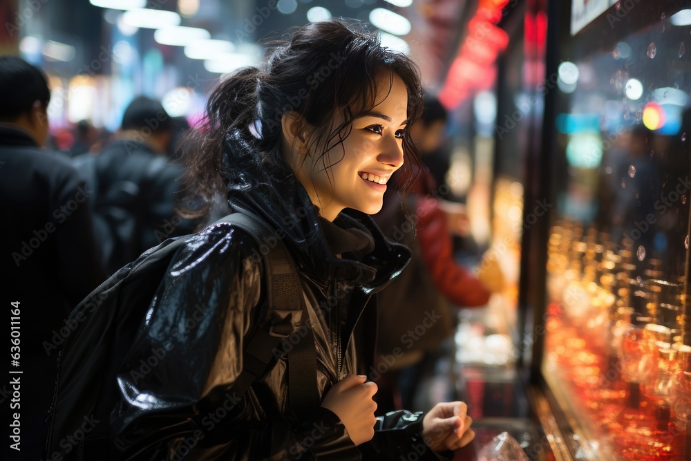 Fototapeta premium Frenzy of Savings: Black Friday's Dynamic Dance of Shoppers and Sales., happy asian window shopper created with generative ai