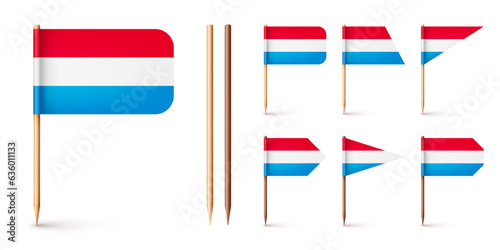 Luxembourgish toothpick flags. Souvenir from Luxembourg. Wooden toothpicks with paper flag. Location mark, map pointer. Blank mockup for advertising and promotions. Vector illustration