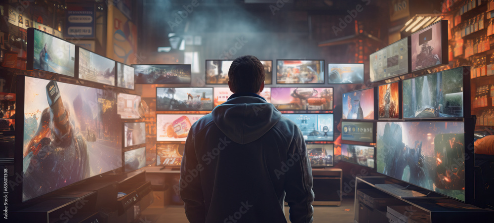 Man shopping for television in entertainment technology store. Concept of Consumer electronics, TV shopping, entertainment technology, retail experience, electronics store visit, television selection.