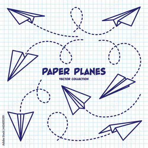 Hand drawn planes on checkered paper sheet. School notebook for drawing. Doodle airplane, dotted route line. Aircraft icon, simple monochrome plane silhouettes. Outline, line art. Vector illustration