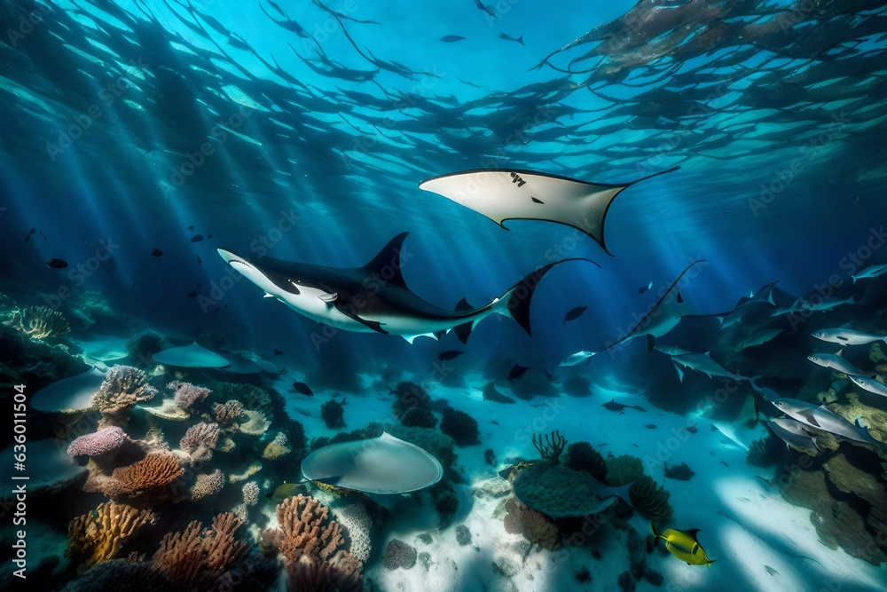 Fototapeta premium The sunken remains of an ancient shipwreck provide a haunting backdrop to the thriving marine ecosystem that has reclaimed it - AI Generative
