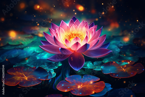 Colorful neon abstract spiritual background with lotus flower. Generative AI