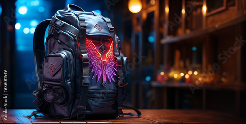 Hipster backpack with fiery neon lights on night megapolis street. Generative AI