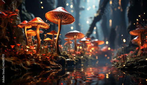 Vibrant illustration of irisdiscent mushrooms, in the forest at night, created by AI generator