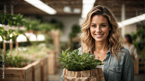 blonde american woman buying plants in a nursery