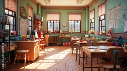sunny library interior with vibrant decor