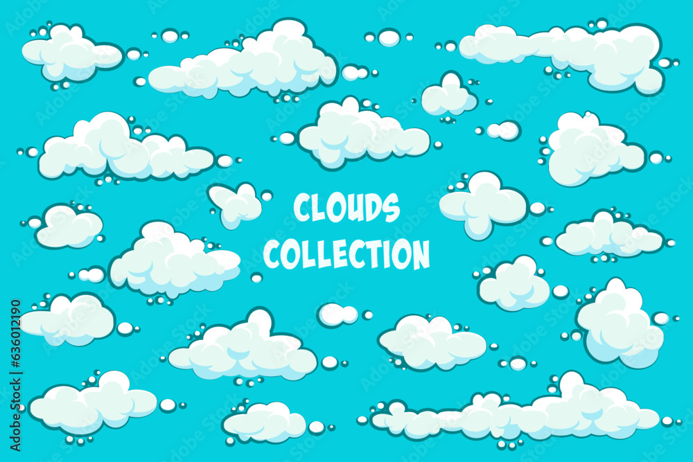 Painted cartoon clouds on blue background. Simple hand drawn round cloud, summer sky panorama, cloudscape. Flat design. Vector illustration Painted cartoon clouds on blue background. Simple hand drawn round cloud, summer sky panorama, cloudscape. Flat design. Vector illustration