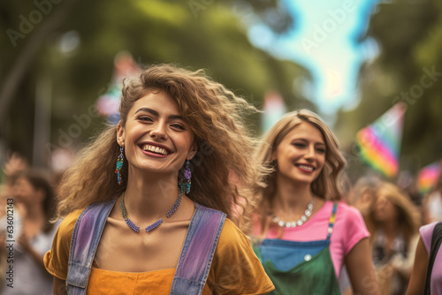 Happy friends joyfully participate in an LGBTQIA rights parade  set against a backdrop of trees. Generative Ai  Ai.