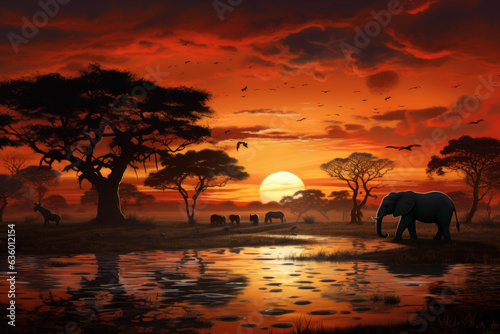 "Savanna Silhouettes: Elephants and Lions at Dusk" 