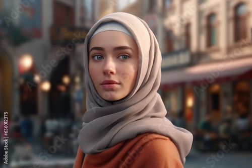 A young Muslim woman student confidently walks through the street, embodying the pursuit of knowledge and education. Generative Ai, Ai. © Sebastian