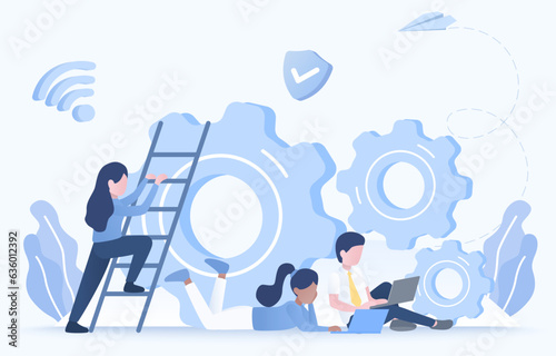 Business ideas concept. Business people strategy management, tactical plan, marketing and financial to achieve success project. Business people climb gear to the top. Flat vector design illustration.