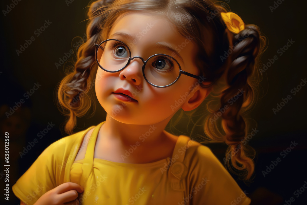 The portrait of a little girl with pigtails, wearing glasses and a yellow dress, reflects her innocence and playfulness. Generative Ai, Ai. The portrait of a little girl with pigtails, wearing glasses and a yellow dress, reflects her innocence and playfulness. Generative Ai, Ai.