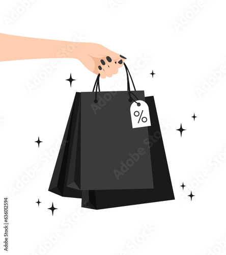 A female hand with a black manicure holding black packages on a white background. Black friday concept. Flat vector illustration