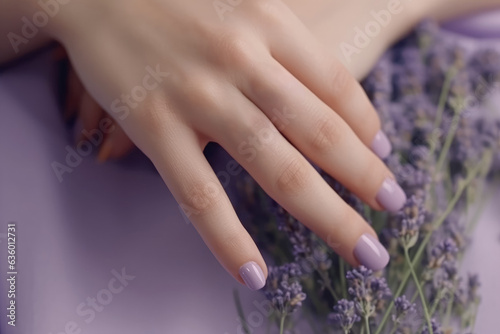 A woman's hands with a trendy lavender manicure. The nail design reflects the essence of spring and summer. Generative Ai, Ai.