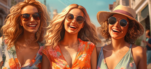 Three cheerful girls, dressed in summer clothes, are depicted as friends. Generative Ai, Ai.