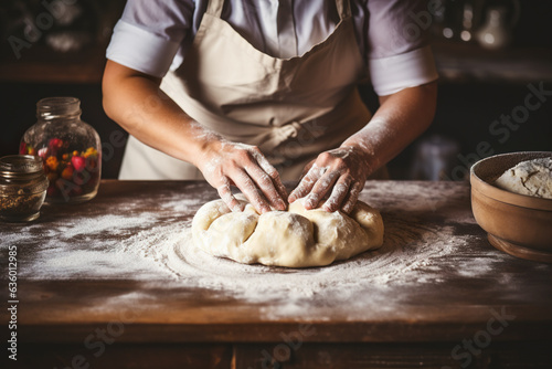 Female hands kneading dough on a wooden table in the kitchen