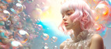 A young, dreamy woman emerges from pastel smoke, exuding an air of enchantment and wonder. Portrait.