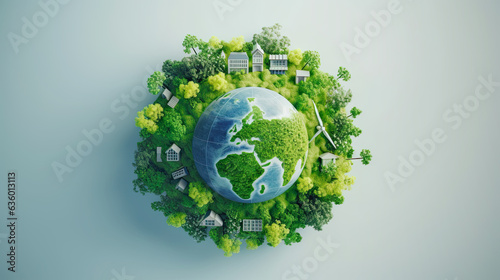 Fototapeta Naklejka Na Ścianę i Meble -  Miniature green earth with wind turbines, solar panels and green factory in miniature. Care, saving and energy are renewable and the environment is sustainable.