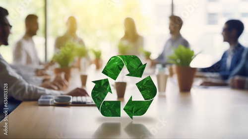 Recycle Symbol Icon  on blurred background with groupe of businessmen 