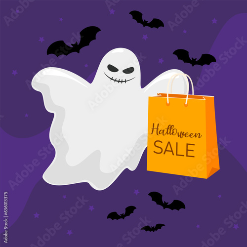 Halloween Sale. Good and evil ghosts of halloween. Design for banner, voucher, offer, coupon, holiday sale. Vector illustration