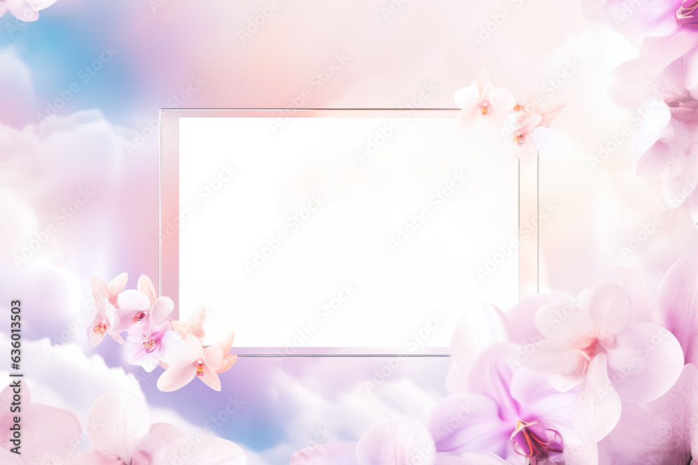 abstract geometric background, white cloud, orchid flower, smoke and white square centered plain frame. Minimal aesthetic sky scape