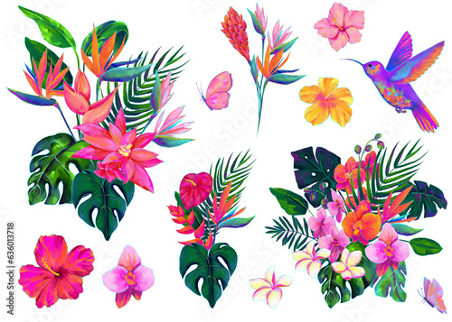 Set of vivid tropical flowers bouquets, hand drawn oil illustration photo