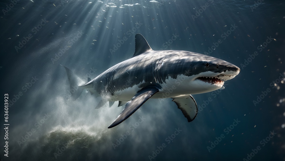 Fototapeta premium A majestic great white shark swimming in the vast ocean